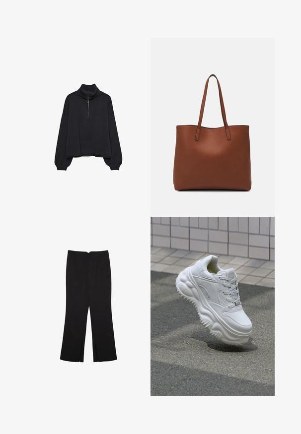 Sort højhalset sweater med halv lynlås foran, oversized ærmer og blød tekstur. Har ribbet krave og kant. Minimalistisk design.; Sorte bukser med lige pasform, der har frontlommer og slidser i kanten. Lavet af blødt, glat stof. Velegnet til forskellige anledninger.; Hvide lædersneakers med en kraftig sål, teksturerede detaljer og snørelukning. Har formede accenter og en glat finish.; Brun læder tote taske med en glat overflade, åben topdesign og to skulderremme. Har minimal syning og ingen synlig hardware.
