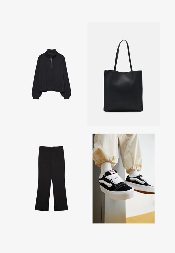 Czarny sweter z golfem z połowy zipa, z przesztywnymi rękawami i miękką teksturą. Oferuje ribbowany kołnierz i dół. Minimalistyczny design.; Czarne spodnie o prostym kroju, z przednimi kieszeniami i bocznymi rozcięciami na dole. Wykonane z miękkiego, gładkiego materiału. Odpowiednie na różne okazje.; Czarno-białe zamszowe sneakersy z płaskimi białymi sznurowadłami, teksturowanymi gumowymi podeszwami i wzorem w paski po bokach. Noszone z kremowymi spodniami w kształcie tapered.; Czarna skórzana torba tote o gładkiej fakturze, prostokątnym kształcie i dwóch długich uchwytach. Brak widocznych elementów metalowych i ozdób.