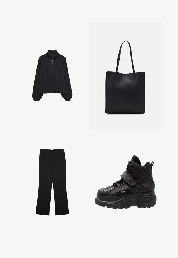 Czarny sweter z golfem z połowy zipa, z przesztywnymi rękawami i miękką teksturą. Oferuje ribbowany kołnierz i dół. Minimalistyczny design.; Czarne spodnie o prostym kroju, z przednimi kieszeniami i bocznymi rozcięciami na dole. Wykonane z miękkiego, gładkiego materiału. Odpowiednie na różne okazje.; Czarne trampki typu high-top z grubą gumową podeszwą, skórzaną cholewką, zawiązywaniem na sznurowadła oraz zapięciem na rzep, z teksturowanym panelem bocznym.; Czarna skórzana torba tote o gładkiej fakturze, prostokątnym kształcie i dwóch długich uchwytach. Brak widocznych elementów metalowych i ozdób.