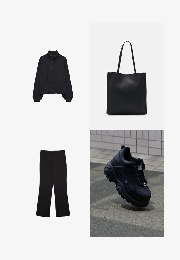 Černý rolák s polo zipem vpředu, přes oversized rukávy a jemnou texturou. Má žebrovaný límec a lem. Minimalistický design.; Černé kalhoty s rovným střihem, s předními kapsami a bočními rozparky na lemu. Vyrobené z jemné, hladké tkaniny. Vhodné na různé příležitosti.; Černé robustní tenisky s hladkým koženým povrchem, šněrováním vpředu, polstrovanou podrážkou a vyraženým logem na boku. Viditelná strukturovaná podešev.; Černá kožená taška přes rameno s hladkým povrchem, obdélníkovým tvarem a dvěma dlouhými uchy. Žádné viditelné kování ani ozdoby.