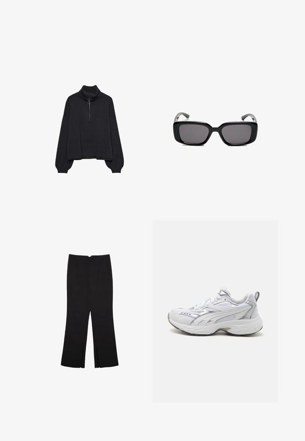 Schwarzer Rollkragenpullover mit einem halbseitigen Reißverschluss an der Vorderseite, übergroßen Ärmeln und weichem Material. Mit geripptem Kragen und Saum. Minimalistisches Design.; Schwarze Hose mit geradem Schnitt, ausgestattet mit Fronttaschen und Seitenschlitzen am Saum. Hergestellt aus weichem, glattem Stoff. Geeignet für verschiedene Anlässe.; Puma Sneaker low - white/silver; Schwarze rechteckige Sonnenbrille mit dunklen Gläsern, glattem Kunststoffrahmen und gebogenen Bügeln. Das Design ist klobig mit einer minimalistischen Ästhetik.