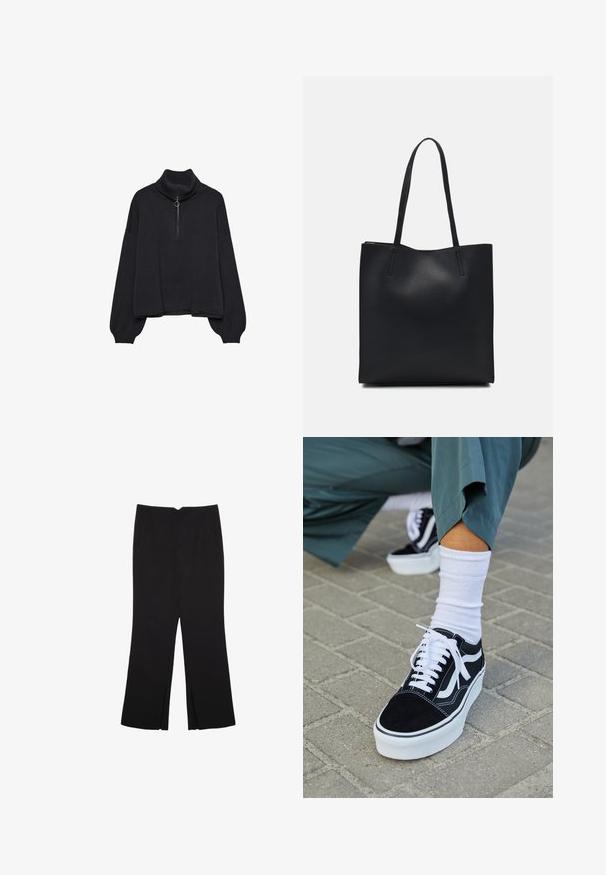 Musta poolkaulusneule, jossa on puoli-vetoketju edessä, ylikokoiset hihat ja pehmeä rakenne. Varustettu ribbauskauluksella ja helman ribbausreunalla. Minimalistinen muotoilu.; Mustat housut suoralinjaisella leikkauksella, joissa on etutaskut ja sivurei'ät helman alla. Valmistettu pehmeästä ja sileästä kankaasta. Sopii eri tilaisuuksiin.; Mustat mokkakengät valkoisilla yksityiskohdilla ja nauhoilla, joissa on paksu valkoinen pohja ja kontrastivärinen ommel, yhdistettynä valkoiseen sukkaan.; Mustapahkainen kangaskassi, jossa on sileä pinta, suorakaiteen muotoinen ja kaksi pitkää kahvaa. Ei näkyvää metalliosaa tai koristeita.