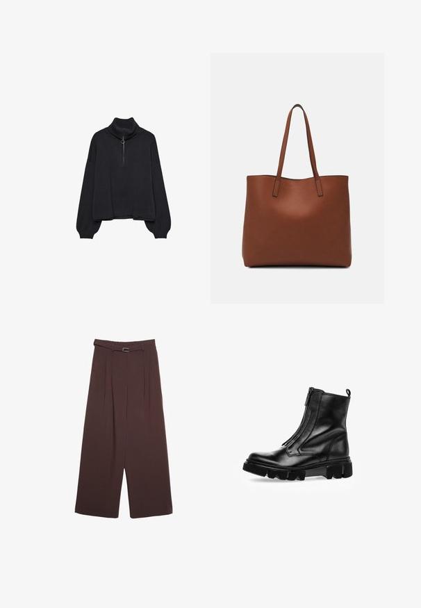Pull à col roulé noir avec un zip demi-longueur à l'avant, manches surdimensionnées et texture douce. Il présente un col et un ourlet côtelés. Design minimaliste.; Stradivarius WIDE-LEG WITH BUCKLE DETAIL - Pantalon classique - dark brown; Bottine en cuir noir avec une fermeture éclair sur le côté, semelle en caoutchouc épaisse, bout arrondi et détails de couture subtils.; Sac fourre-tout en cuir marron avec une texture lisse, design à ouverture supérieure et deux poignées pour le porter à l'épaule. Présente des coutures minimales et aucun matériel visible.