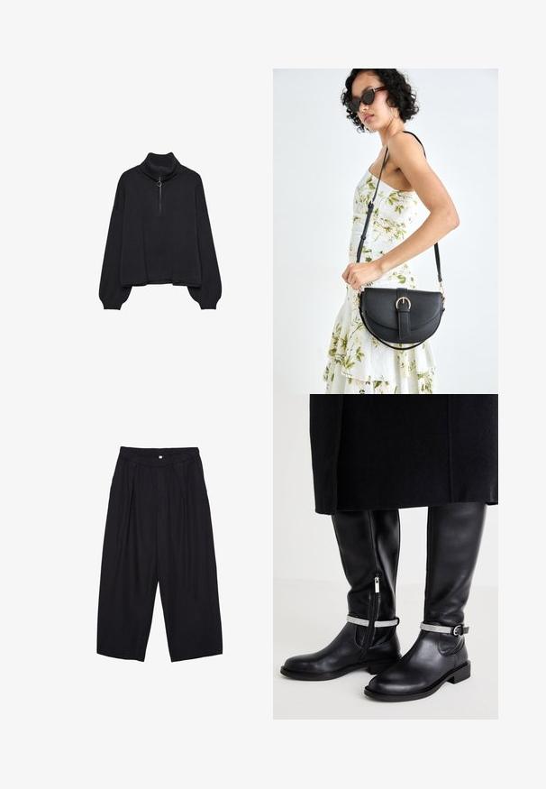 Maglione nero a collo alto con zip anteriore a metà, maniche oversize e texture morbida. Presenta un colletto e orlo a coste. Design minimalista.; Pantaloni culotte neri in poliestere con una cintura elastica, due pieghe frontali e una silhouette ampia. Nessun motivo visibile o dettagli in metallo.; Stivali neri in pelle al ginocchio con zip laterale, dotati di una fascia con accentuazione argentata attorno alla caviglia e un tacco basso a blocco.; Borsa a tracolla nera in pelle con una forma curva, manico rimovibile e accessori dorati. La borsa presenta una patta con un dettaglio a fibbia.