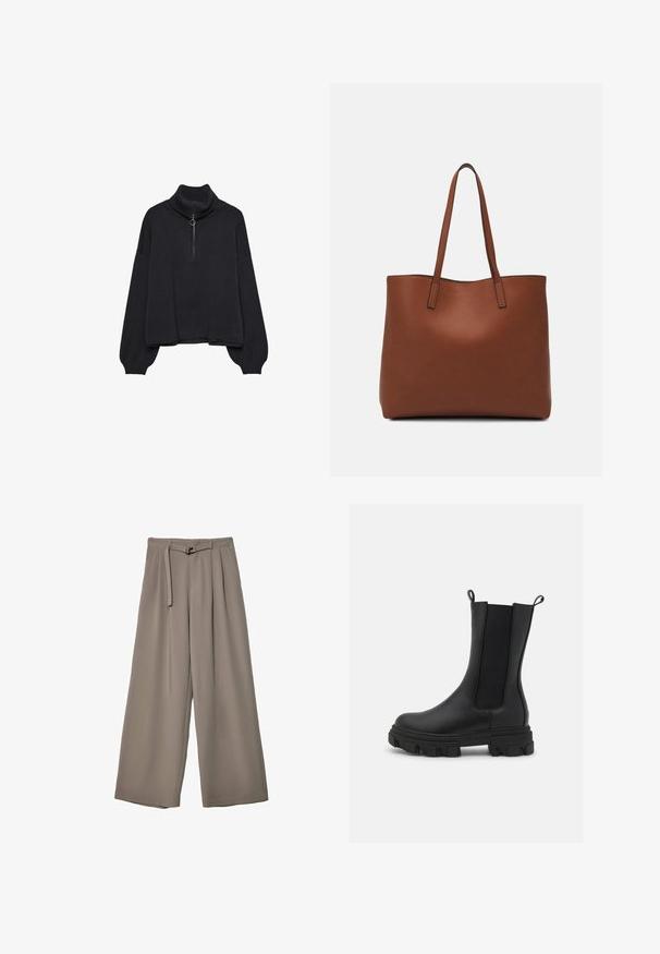 Musta poolkaulusneule, jossa on puoli-vetoketju edessä, ylikokoiset hihat ja pehmeä rakenne. Varustettu ribbauskauluksella ja helman ribbausreunalla. Minimalistinen muotoilu.; Suurille lahkeille housuille pehmeässä, hillityssä harmaassa kankaassa, jossa on vyötäröllä vyö ja lisää muotoilun yksityiskohtia kuploissa. Sileä rakenne, ei kuvioita.; Musta Chelsea-kenkä nahasta ja elastisesta kankaasta, jossa on muhkea kumipohja, jossa on erottuva kuvio ja vetolappuja helppoa pukemista varten.; Ruskea nahkainen olkalaukku, jossa on sileä pinta, avoin yläosa ja kaksi olkahihnaa. Omaavat vain minimaalisen ompelun eikä näkyvää metalliosaa.