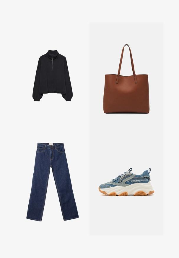 Černý rolák s polo zipem vpředu, přes oversized rukávy a jemnou texturou. Má žebrovaný límec a lem. Minimalistický design.; Tmavě modré džíny rovného střihu s předními kapsami, poutky na opasek a zapínáním na knoflík.; Džínová sneaker s vrstevnatým modrým designem, třepenými akcenty, bílou robustní podrážkou a gumovou hnědou podrážkou pro lepší přilnavost.; Hnědá kožená taška přes rameno s hladkou texturou, otevřeným designem a dvěma ramenními popruhy. Obsahuje minimální švy a žádné viditelné kovové prvky.