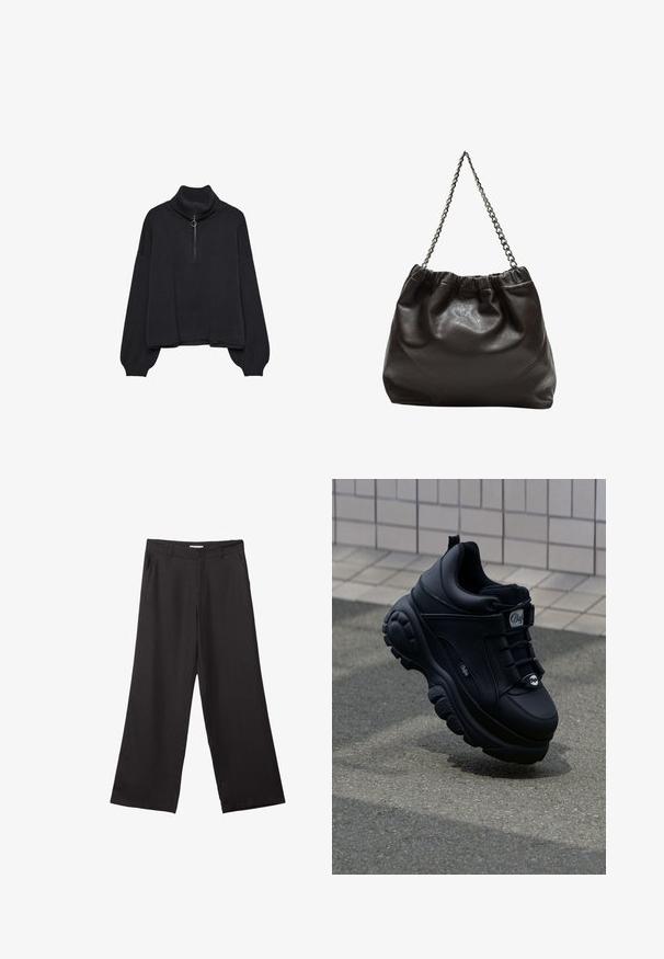Čierny rolák s polovičným zipsom vpredu, s prehnanými rukávmi a jemným materiálom. Obsahuje rebrovaný golier a lem. Minimalistický dizajn.; Čierne široké nohavice vyrobené z hladkej tkaniny, so zipsom vpredu a dvoma bočnými vreckami, s prispôsobeným strihom a minimalistickým dizajnom.; Čierne robustné tenisky s hladkým koženým povrchom, viazaním vpredu, pohodlnou podrážkou a embosovaným logom na boku. Viditeľná textúrovaná podrážka.; Hnedá kožená taška so zberaným vrchom a reťazovým popruhom. Hladký povrch s lesklým finišom a jemným švom po stranách.
