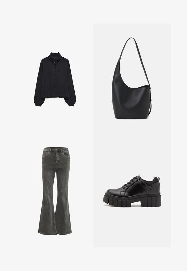 Čierny rolák s polovičným zipsom vpredu, s prehnanými rukávmi a jemným materiálom. Obsahuje rebrovaný golier a lem. Minimalistický dizajn.; Kaffe KASINEM - Zvonové džínsy - medium grey denim; Čierne kožené platformy s masívnym blokovým podpätkom, okrúhlou špičkou a tradičným šnurovaním. Má hladký povrch a minimálne detaily.; Čierna kožená hobo taška so hladkou textúrou, zakriveným tvarom a jedným nastaviteľným popruhom; má široké otvorenie na vrchu.
