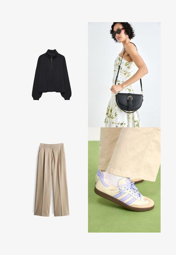Maglione nero a collo alto con zip anteriore a metà, maniche oversize e texture morbida. Presenta un colletto e orlo a coste. Design minimalista.; Pantaloni beige a gamba larga realizzati in tessuto testurizzato, con chiusura a bottone, tasche anteriori e pieghe ben definite per un aspetto su misura.; Sneakers crema e lavanda con tre strisce e suola marrone texturizzata, dotati di lacci e tallone imbottito. Parte superiore in tessuto morbido.; Borsa a tracolla nera in pelle con una forma curva, manico rimovibile e accessori dorati. La borsa presenta una patta con un dettaglio a fibbia.