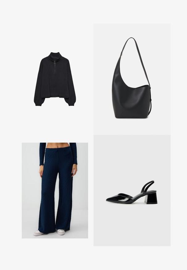 Schwarzer Rollkragenpullover mit einem halbseitigen Reißverschluss an der Vorderseite, übergroßen Ärmeln und weichem Material. Mit geripptem Kragen und Saum. Minimalistisches Design.; Navyblaue, ausgestellte Hose aus strukturiertem Stoff mit einem Zebramuster; hochtailliertes Design; getragen mit weißen Sneakers.; Schwarze Lackleder-Slingback-High Heels mit spitzem Schuh und einem geometrischen Blockabsatz. Verfügt über ein schlankes, minimalistisches Design und eine glatte Textur.; Schwarze Leder-Hobo-Tasche mit einer glatten Textur, geschwungener Form und einem einzelnen verstellbaren Tragegurt; verfügt über eine weite Öffnung am oberen Ende.