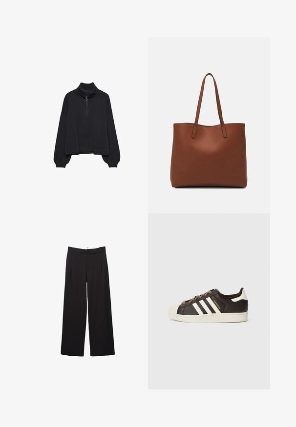 Črn pulover s polo zadrgo, prevelikimi rokavi in nežno teksturo. Ima rebrovan ovratnik in rob. Minimalističen dizajn.; Črna široka krojena hlače s sprednjimi pregibi, zankami za pas in skritim sprednjim zapiranjem.; Nizki adidas Superstar copat iz temno rjavega usnja s kremasto školjkasto konico, belimi črtami in napisom "Superstar" na strani.; Rjava usnjena torba z gladko teksturo, odprto zasnovo zgoraj in dvema naramnima trakovoma. Opremljena je z minimalnim šivanjem in brez vidnih kovinskih delov.