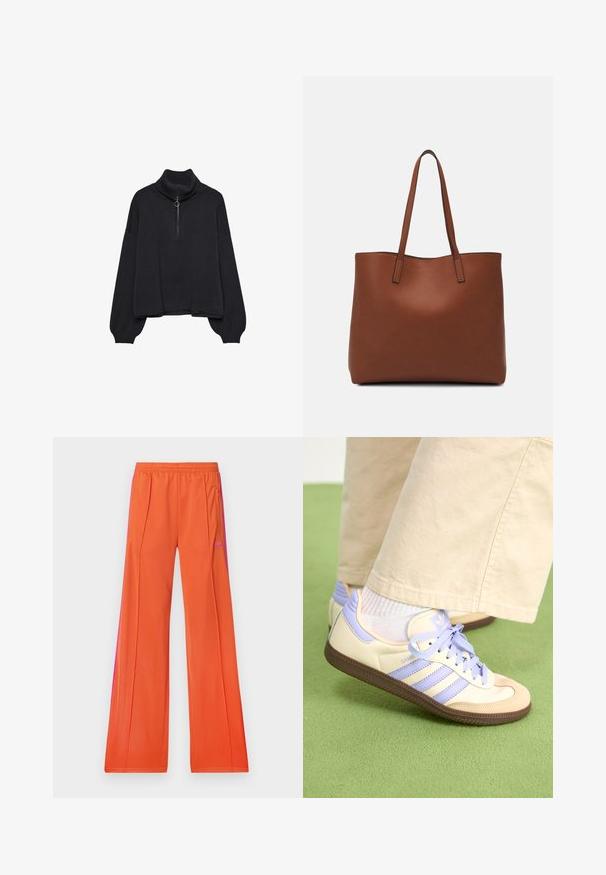 Černý rolák s polo zipem vpředu, přes oversized rukávy a jemnou texturou. Má žebrovaný límec a lem. Minimalistický design.; adidas Originals FIREBIRD - Teplákové kalhoty - orange/semi lucid fuchsia; Krémové a levandulové tenisky se třemi pruhy a texturovanou hnědou podrážkou, vybavené tkaničkami a polstrovanou patou. Měkký textilní svršek.; Hnědá kožená taška přes rameno s hladkou texturou, otevřeným designem a dvěma ramenními popruhy. Obsahuje minimální švy a žádné viditelné kovové prvky.