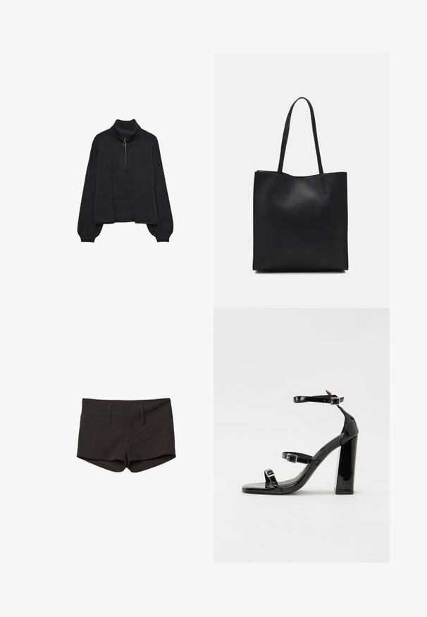 Crni pulover s visokim ovratom i polu-zipom sprijeda, oversized rukavima i mekanom teksturom. Ima rebrasti ovratnik i rub. Minimalistički dizajn.; Crne pamučne kratke hlače s prilagođenim dizajnom, s glatkom teksturom i dva prednja džepa. Srednji pojas i bez uočljivih uzoraka.; Crne lakirane sandale na pete sa kvadratnim nosom, trakama oko gležnja i srebrnim kopčama. Imaju čvrst blok petu za stabilnost.; Crna kožna torba za nošenje s glatkom teksturom, pravokutnim oblikom i dvije duge ručke. Nema vidljivih metalnih dijelova ili ukrasa.