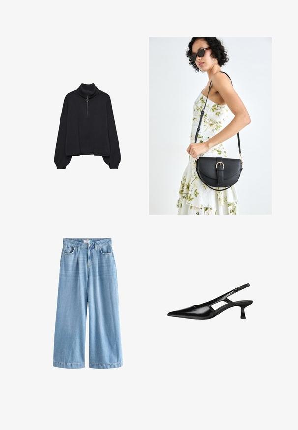 Zwarte coltrui met een halve rits aan de voorkant, oversized mouwen en een zachte textuur. Beschikt over een geribde kraag en zoom. Minimalistisch ontwerp.; Lichtblauwe denim palazzo jeans met wijde benen, voorzien van een hoge taille, voorkruipen en een knoopsluiting. Subtiele vervaagde textuur.; Zwarte gepatineerde leren slingback hakken met een puntige neus, uitsparing aan de zijkant en een kleine vierkante hak. Gladde textuur met minimale accenten.; Zwarte leren handtas met een gebogen vorm, afneembare schouderband en gouden hardware. De tas heeft een klep met een gespsluiting.