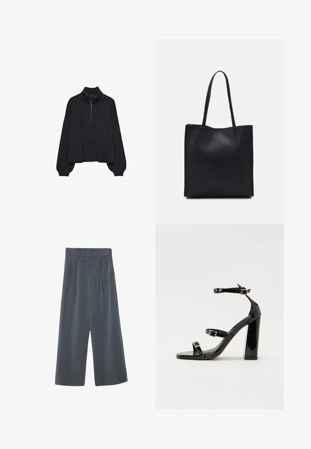Schwarzer Rollkragenpullover mit einem halbseitigen Reißverschluss an der Vorderseite, übergroßen Ärmeln und weichem Material. Mit geripptem Kragen und Saum. Minimalistisches Design.; Weite Hosen in Dunkelgrau mit texturiertem Stoff, gefaltetem Vorderteil und einem hoch geschnittenen Design mit glattem Taillenbund.; Schwarze patentierte Sandalen mit Absatz, quadratischer Spitze, Knöchelriemen und silbernen Schnallen. Mit einem stabilen Blockabsatz für mehr Stabilität.; Schwarze Laptoptasche aus Leder mit glatter Textur, rechteckiger Form und zwei langen Griffen. Keine sichtbaren Beschläge oder Verzierungen.