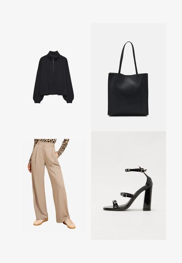 Sort højhalset sweater med halv lynlås foran, oversized ærmer og blød tekstur. Har ribbet krave og kant. Minimalistisk design.; Beige bredde ben bukser, plisseret front, høj talje, sidelommer, parret med lyse sneakers. Stoffet ser glat og struktureret ud.; Sorte patenterede hælsandaler med firkantet tå, ankelremme og sølvspænder. Har en chunky blokHæl for stabilitet.; Sort læder tote taske med glat tekstur, rektangulær form og to lange hanke. Ingen synlig hardware eller udsmykninger.