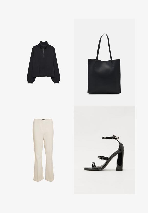 Czarny sweter z golfem z połowy zipa, z przesztywnymi rękawami i miękką teksturą. Oferuje ribbowany kołnierz i dół. Minimalistyczny design.; Beżowe spodni z dobrze dobranego materiału, z rozszerzającymi się dołem nogawkami oraz średnim stanem w pasie, z dyskretnym szwem z przodu.; Czarne lakierowane sandały na obcasie z kwadratowym noskiem, z paskami wokół kostki i srebrnymi klamrami. Posiadają masywny słupek dla stabilności.; Czarna skórzana torba tote o gładkiej fakturze, prostokątnym kształcie i dwóch długich uchwytach. Brak widocznych elementów metalowych i ozdób.