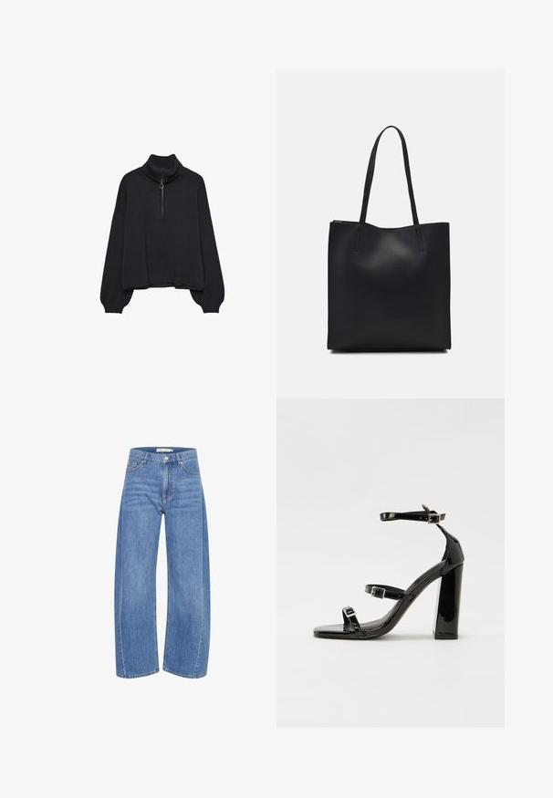 Črn pulover s polo zadrgo, prevelikimi rokavi in nežno teksturo. Ima rebrovan ovratnik in rob. Minimalističen dizajn.; Svetlo modri kavbojasti široki hlače visoke pasu, z gumbom in zadrgo, petimi žepi in subtilnimi detajli bledenja.; Črne lakirane sandale s peto, kvadratnim prstom, trakovi okrog gležnja in srebrnimi zaponkami. Opremljene so s stabilno Debelo peto.; Črna usnjena torba s svilnato teksturo, pravokotne oblike in dvema dolgima ročajema. Brez vidnih metalnih delov ali okrasnih elementov.