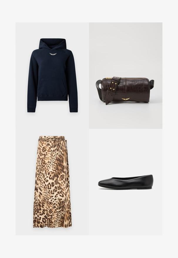 Sudadera azul marino de tejido suave, con un bolsillo tipo canguro, puños acanalados y un pequeño logotipo plateado de ala en el pecho.; Falda maxi fluida con estampado de leopardo en tonos beiges y marrones, con un detalle de cinturilla trenzada. Tejido suave con una silueta drapeada.; Paul Smith TOPANGA - Bailarinas - black; Bolso de cuero marrón con estampado de cocodrilo, de forma cilíndrica, con herrajes en tono dorado y una correa desmontable con tachuelas.