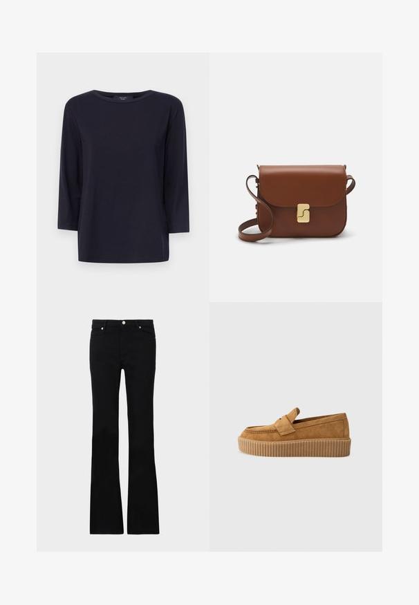 Navy blue hoodie made of soft fabric, featuring a kangaroo pocket, ribbed cuffs, and a small silver wing logo on the chest.; WEEKEND MaxMara MULTIA - Long sleeved top - nero; Black flared jeans made of denim, featuring two front pockets, a button closure, and a smooth texture. Signature stitching visible at seams.; Brown suede loafer with a round toe, featuring a ribbed platform sole and a decorative strap across the upper.; Brown leather handbag with a flap closure, gold-tone hardware, a shoulder strap, and a smooth texture. Compact rectangular shape.