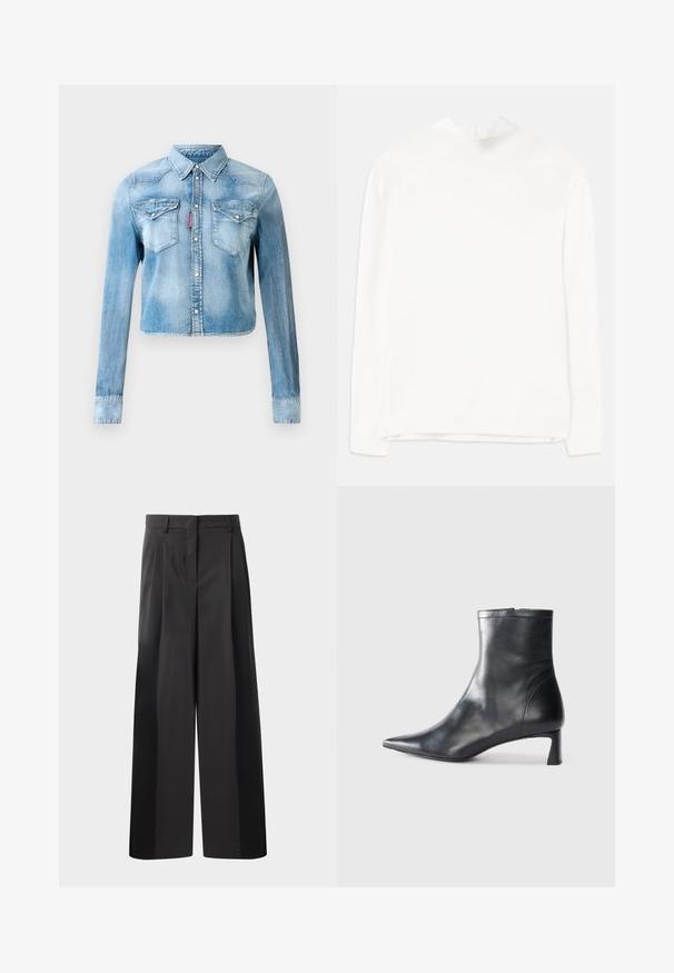 Biela blúzka s dlhým rukávom, ktorá má vysoký golier, ryhovanú textúru a rovný strih. Tkanina vyzerá mäkko a hladko, bez viditeľných vzorov.; Svetlo modrá cropped denimová bunda s dlhými rukávmi, cvokmi, dvoma náprsními vreckami na klopu a červenou nášivkou na šve ľavého vrecka.; Čierne široké nohavice s vysokým pásom, so záhybmi vpredu, hladkou textúrou a prispôsobeným strihom. Navrhnuté pre uvoľnený strih.; Čierne kožené členkové topánky s špicatou špičkou a elegantným dizajnom. Majú nízky podpätok a zips na zadnej strane. Hladká textúra.
