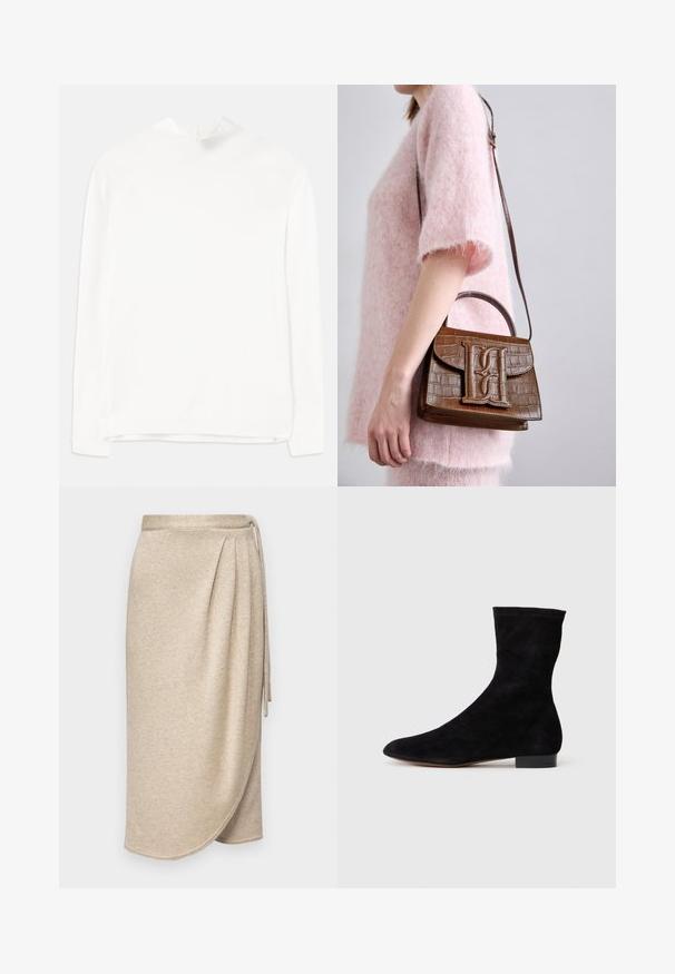 Weißes Langarmoberteil mit hohem Kragen, gerippter Textur und gerader Passform. Der Stoff wirkt weich und glatt, ohne sichtbare Muster.; Beige Wickelrock aus weichem, strukturiertem Stoff mit einem subtilen Schimmer. Verfügt über eine gebundene Taille und ein drapiertes Design mit einem sanft geschwungenen Saum.; Schwarze Wildleder-Ankelboots mit einem enganliegenden Schaft, spitzer Zehenform und niedrigem Blockabsatz. Glatte Textur und minimalistisches Design, geeignet für vielseitige Styles.; Braune Handtasche aus Krokodilleder-Prägung mit einem oberen Griff und einem Schulterriemen. Besitzt ein auffälliges Logo auf der Frontklappe. Weiche Textur.
