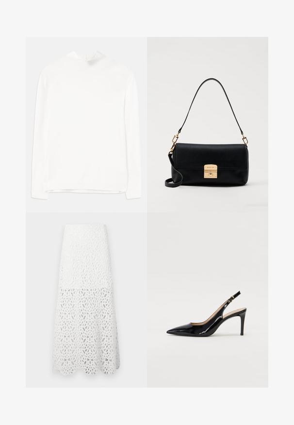 Bela dolgimi rokavi srajca z visokim ovratnikom, rebrasto teksturo in ravnim krojem. Tkanina je videti mehka in gladka, brez vidnih vzorcev.; Maje JOZIMALO - Dolgo krilo - ecru; Črne lakirane slingback čevlje z izostrenim nosom, ozkim peto in subtilnim izrezom. Na traku je zlata sponka.; Črna usnjena torbica z ravno pravokotno obliko, zlatimi dodatki in zgornjo ročico. Ima sponko za zapiranje in značilno logotipno podrobnost.