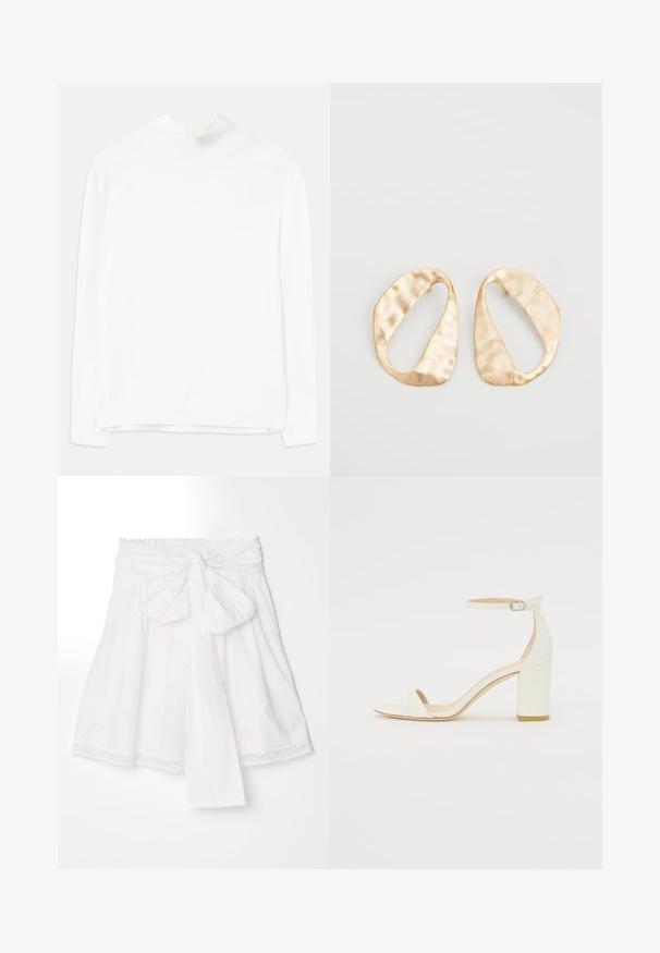 Bijela bluza dugih rukava s visokim izrezom, rebrastom teksturom i ravnim krojem. Tkanina izgleda mekano i glatko bez vidljivih uzoraka.; Erdem SKIRT WITH GATHERED WASIT - Suknja A kroja - white; Bijela kožna sandala na blok petu s remenom oko zapešća i minimalističkim dizajnom. Otvoreni nos i glatke teksture kroz cijelu obuću.; Par zlatnih metalnih naušnica nepravilnog ovalnog oblika s teksturiranom, blago kovanom površinom na bijeloj pozadini.