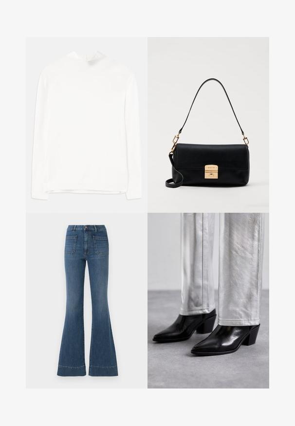 White long-sleeve top featuring a high neckline, ribbed texture, and a straight fit. The fabric appears soft and smooth with no visible patterns.; Flared blue jeans in a medium wash, featuring a high waist, five pockets, and slight fading around the knees and thighs.; Black leather ankle boots with a pointed toe and block heel, paired with shiny silver pants, showcasing sleek textures and contrasting colors.; Black leather handbag with a flat rectangular shape, gold hardware, and a top handle. Features a clasp closure and signature logo detail.