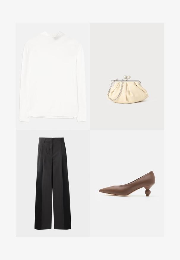Balta garu piedurknu blūze ar augstu kaklu, ribotu tekstūru un taisnu piegriezumu. Audums izskatās mīksts un gluds, bez redzamām rakstām.; Melni platajā kājās bikses ar augsto jostasvietu, kas ar priekšējiem krokām, gludu tekstūru un pielāgotu apdari. Veidotas relaksētai piegrieztei.; Brūnas ādas kurpes ar smailu purngali un unikālu noapaļotu papēdi. Gluda tekstūra, elegants dizains un minimālistiska apdare.; Rūpīgi pleatota bežīga ādas somiņa ar sudraba metāla rāmi, kurai ir divas apaļas dekoratīvas sprādzes un sudraba ķēdes siksna.