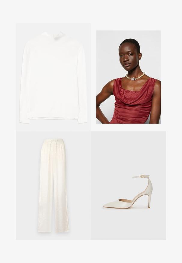 Biała bluzka z długim rękawem, z wysokim dekoltem, prążkowaną fakturą i prostym krojem. Materiał wydaje się miękki i gładki, bez widocznych wzorów.; Białe, luźne spodnie o lekkiej, satynowej strukturze. Mają elastyczny pas z wiązanym sznurkiem i subtelny wzór.; Białe skórzane szpilki z ostrym noskiem, paskiem wokół kostki i cienką szpilkową obcasem. Gładka faktura z subtelnym połyskiem.; Sukienka w kolorze głębokiej czerwieni z dekoltem typu cowl, o gładkiej teksturze. Posiada perłowy naszyjnik z ozdobnym srebrnym akcentem na środku.
