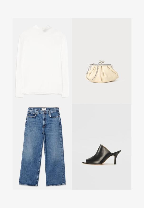 Top alb cu mâneci lungi, având un guler înalt, textură ribbed și o croială dreaptă. Materialul pare moale și neted, fără modele vizibile.; Agolde HARPER CROP - Blugi drepți - dark blue; Mule din piele neagră, cu vârf deschis, cu un design elegant și curbat, toc înalt subțire și textură netedă. Interiorul are o culoare deschisă contrastantă.; Clutch din piele plisată bej, cu un cadru din metal argintiu, având două închideri decorative rotunde și o curea din lanț argintiu.