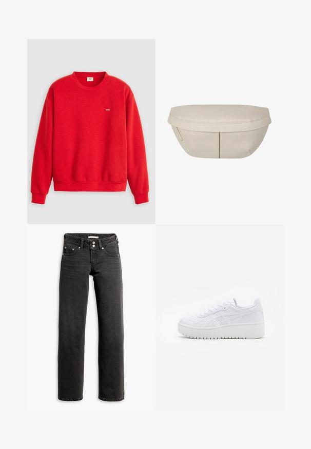 Sudadera roja de tejido suave, con cuello redondo, mangas largas y un pequeño logo de Levi's en el pecho. Puños y dobladillo acanalados.; Jeans negros de pierna recta con bolsillos delanteros y traseros, trabillas para cinturón y cierre de doble botón en la cintura.; Zapatillas de plataforma blancas con una textura de cuero suave, detalles perforados y cordones planos; cuentan con una suela de goma blanca gruesa.; Funda de tela beige con forma redondeada, que presenta una parte superior plana y detalles de costura sutiles. Incluye un logotipo minimalista y una correa lateral.