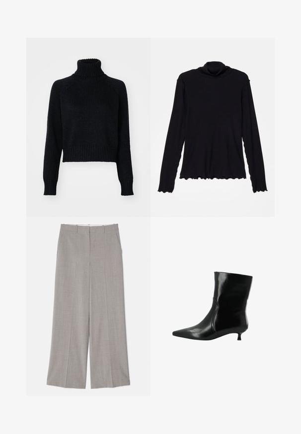 Tumman värinen neulottu poolopaita, jossa on lyhennetty malli, resorihihansuut ja -helma sekä teksturoitu kudonta kauttaaltaan.; Rodebjer CISNE - Pitkähihainen paita - black; Vaaleanharmaat leveät housut sileässä, teksturoidussa kankaassa. Ominaisuuksiin kuuluvat sivutaskut ja muotonsa mukainen suora leikkaus.; Musta nahkainen nilkkabootsi, jossa on terävä kärkiosa ja matala kitten-korko, sivusaumadetail ja sileä kiiltävä pinta.