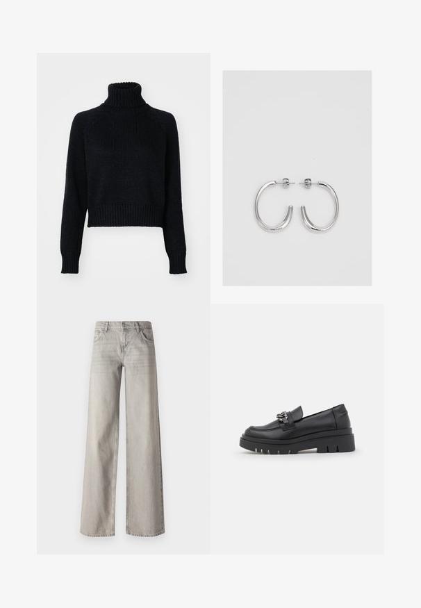 Maglione scuro a collo alto con design cropped, dotato di polsini e orlo a coste, e una trama testurizzata in tutto il capo.; Jeans larghi grigio chiaro in denim, con un design a cinque tasche, chiusura con bottone frontale e texture leggermente sbiadita.; Scarpa tipo mocassino nera con suola a pianta spessa, tomaia in pelle liscia, dettaglio decorativo a catena e tacco leggero con particolare incavo.; Orecchini a cerchio in argento con una finitura liscia e lucente. Forma arrotondata, design leggero, con chiusura a perno.