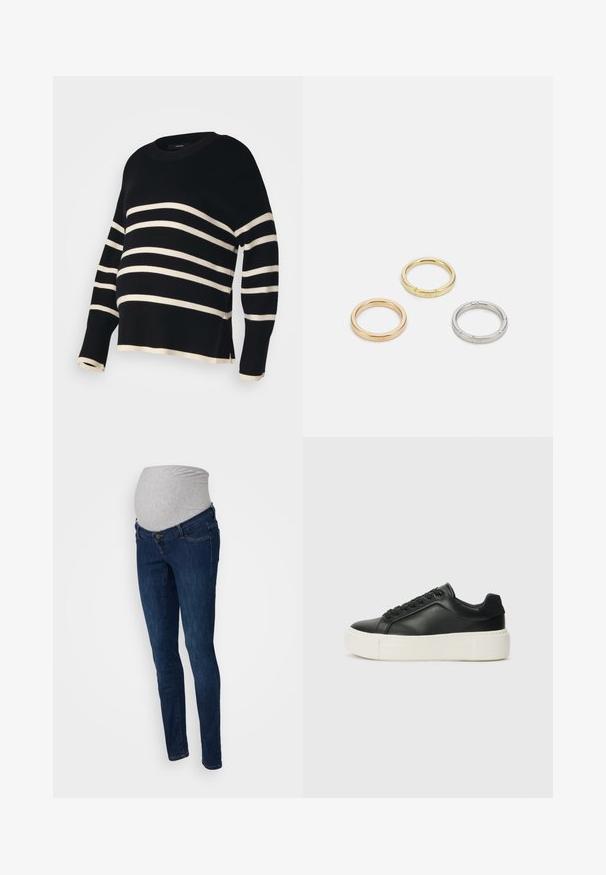 Černý a krémový pruhovaný svetr s uvolněným střihem, žebrovaným kulatým výstřihem a širokými rukávy. Má mírně zkrácenou délku a postranní rozparky.; Těhotenské džíny v tmavě modrém denimovém provedení se šedým elastickým pasem. Slim fit design s klasickým pěti-kapsovým stylem a poutky na pásek.; Černé kožené tenisky s kulatou špičkou, bílou platformou a černými tkaničkami. Obsahují nenápadné logo na patě a hladký povrch.; Tři kovové prsteny: jeden růžově zlatý, jeden zlatý s texturovanými detaily a jeden stříbrný, všechny s vyrytým brandingem na vnitřním boku.