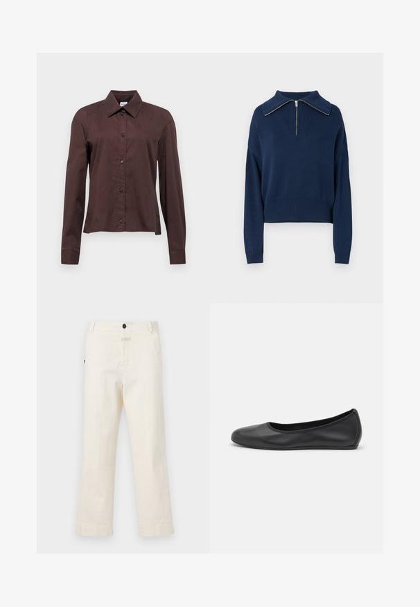 Námořnický modrý pletený svetr s límcem na zip a širokým límcem, s texturovaným vzorem a žebrovaným lemem a manžetami.; Tmavě hnědá košile na knoflíky s dlouhými rukávy, špičatým límečkem a černými knoflíky. Vyrobena z hladkého textilu s jednobarevným vzorem.; Beige bavlněné kalhoty se střihem rovného nohavice, s předním zapínáním na knoflík a kapsou se zaobleným knoflíkem jako akcentem.; Černé kožené baletní byty s kulatou špičkou, hladkou texturou, minimálními švy a flexibilním designem podrážky.