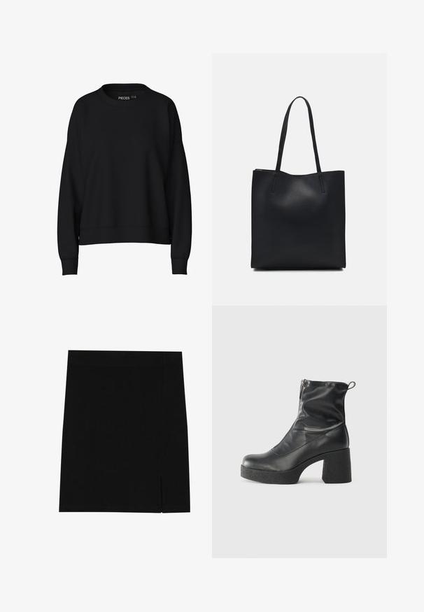 Juodas džemperis su apvaliu iškirpimu, nusileidusiomis pečių linijomis ir taip pat švelniais rankogaliais. Pagamintas iš švelnios, lygaus audinio. Paprastas dizainas, be raštų.; Juoda mini sijonas, pagamintas iš švelnios medžiagos, su prigludusia forma, su lengva plyšyje šone tam, kad suteiktų papildomą akcentą.; Juodos kulkšninių botai, pagaminti iš lygaus odos, su šoniniu užtrauktuku, masyviu tekstūruotu kulnu ir apvaliu pirštu.; Juodas odinis tote krepšys su lygia tekstūra, stačiakampio formos ir dviem ilgais rankenomis. Matomų metalinių detalių ar puošybos nėra.