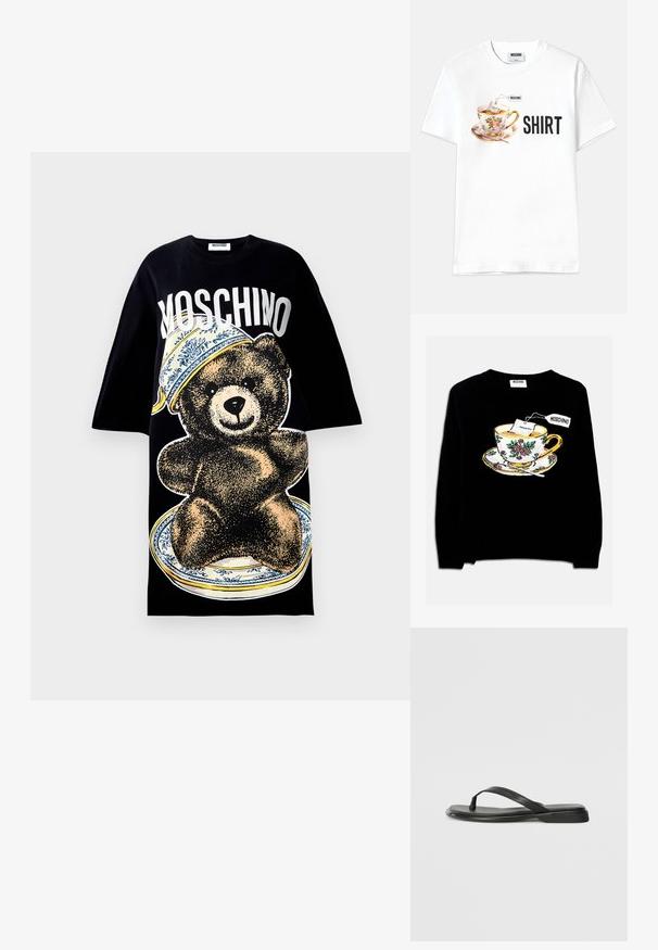 Musterned musta sviiter, millel on tikitud teetass koos teekotiga ja lilledega kaunistus. Kujunduses on tassile all ka taldrik.; Mustat ülemõõdulised T-särk, millel on suur graafika taldrikul olevast karust, mille ääres on sinine mustriline äär. "Moschino" on trükitud julgete valgete tähtedega ülal.; Valge puuvillane T-särk, millel on joonistus lillelise teetassi koos teepakiga ja sõna "SHIRT" paksude mustade tähtedega.; Musta sussumood, mis on valmistatud siledast nahast. Sellel on õhuke rihma disain ja lame tald minimaalsete joontega. Mingeid silmatorkavaid mustreid või aktsente ei ole.
