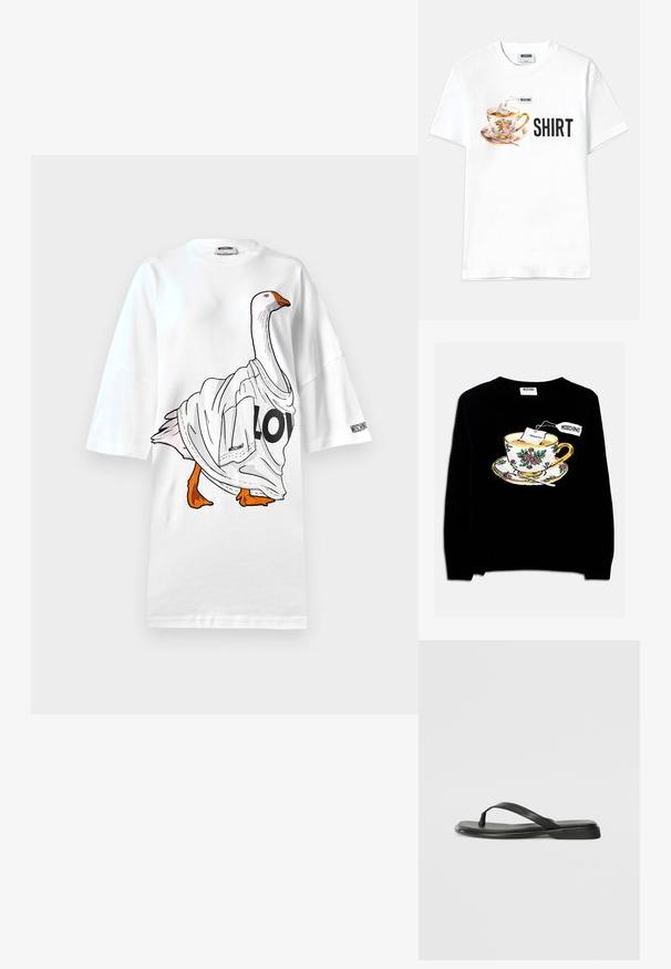 Zwarte trui met een geborduurde theekop met een theezakje en bloemdecoratie. Het ontwerp omvat een schotel onder de kop.; Witte oversized t-shirt met een geïllustreerde gans die een wit shirt draagt met "LO" erop gedrukt. Korte mouwen en een zachte katoenen structuur.; Witte katoen t-shirt met een afbeelding van een bloemrijke theekop met een theezakje en het woord "SHIRT" in vetgedrukte zwarte letters.; Zwarte teenflip-flop van glad leer, met een dunne band en een platte zool met een minimalistisch profiel. Geen opvallende patronen of accenten.