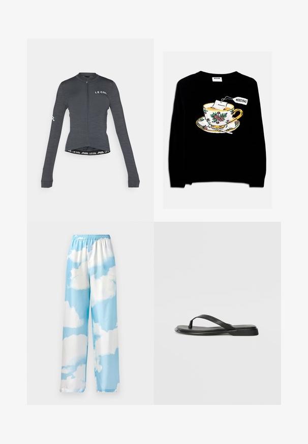 Suéter negro con un tazón bordado que incluye una bolsa de té y una decoración floral. El diseño incluye un plato debajo de la taza.; Jersey de ciclismo de manga larga en gris oscuro con cremallera completa, con la marca "LE COL" en el pecho y un detalle en la cintura de color contrastante.; Pantalones de color azul cielo con un patrón de nubes, hechos de una tela suave, con una cinturilla elástica y piernas anchas. Sin bolsillos visibles ni herrajes.; Chancla negra de piel suave, con un diseño de tira delgada y una suela plana de perfil mínimo. Sin patrones ni acentos notables.
