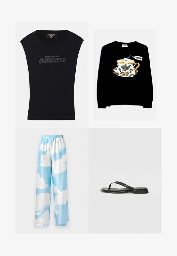 Black sweater featuring an embroidered teacup with a tea bag and floral decoration. The design includes a saucer below the cup.; Black sleeveless t-shirt with round neckline and raised black "DSQUARED2 DUCATI" logo on chest, size small, made in Italy tag inside collar.; Sky blue pants featuring a cloud pattern, made of smooth fabric, with an elastic waistband and wide legs. No visible pockets or hardware.; Black flip-flop made of smooth leather, featuring a thin strap design and a flat sole with a minimal profile. No notable patterns or accents.