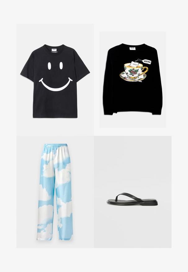 Črn pulover z vezenjem skodelice čaja z vrečko čaja in cvetličnimi okrasitvami. Oblika vključuje krožnik pod skodelico.; Črna kratkotrajna majica z kratkimi rokavi iz bombaža, ki na sprednji strani prikazuje velik bel nasmejan obraz. Klasičen kroj vratu.; Hlače svetlo modre barve s vzorcem oblakov, narejene iz gladkega materiala, z elastičnim pasom in širokimi nogami. Brez vidnih žepov ali kovinskih elementov.; Črne japanke iz gladke usnjene materiale, z tankim trakastim dizajnom in ravnim podplatom minimalnega profila. Brez opaznih vzorcev ali dodatkov.