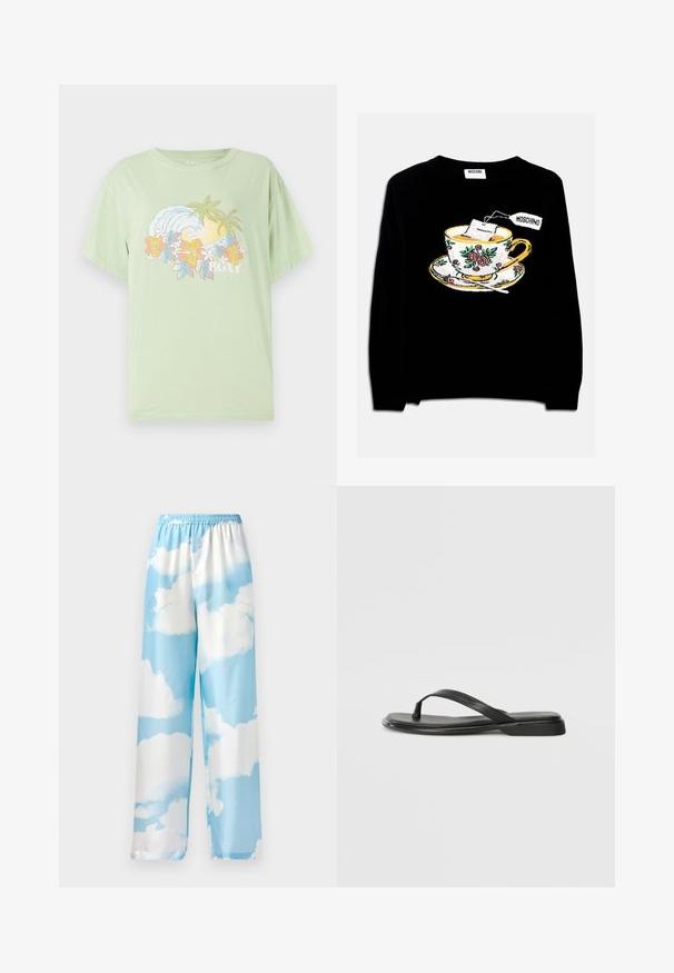 Fekete pulóver, amelyen egy hímzett teáscsésze található teazsákkal és virágos díszítéssel. A mintához egy csészealj is tartozik a csésze alatt.; Világoszöld, rövid ujjú póló, hullám- és virágmintával, a "ROXY" márkanevével fehér színben. Puha pamut anyag.; Égkék nadrág felhőmintával, sima anyagból készült, rugalmas derékkal és széles lábakkal. Nincsenek látható zsebek vagy fém alkatrészek.; Fekete papucs sima bőrből, vékony pántkel és lapos talppal rendelkezik, minimális profilú. Nincsenek kiemelkedő minták vagy díszítések.