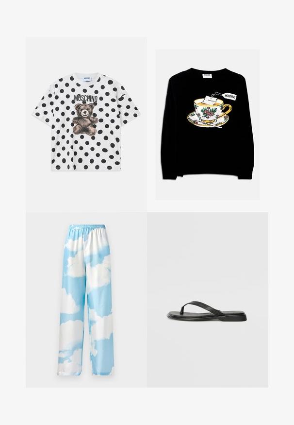 Czarny sweter z haftowanym wzorem filiżanki z torebką herbaty i dekoracją kwiatową. Wzór zawiera spodek poniżej filiżanki.; Biała bawełniana koszulka z krótkim rękawem, z czarnym wzorem w kropki, grafiką niedźwiedzia oraz napisem "Moschino" w czerni nad wzorem.; Niebieskie spodnie w chmurki, wykonane z gładkiego materiału, z elastycznym paskiem w talii i szerokimi nogawkami. Brak widocznych kieszeni lub elementów metalowych.; Czarne klapki wykonane z gładkiej skóry, z cienkim paskiem i płaską podeszwą o minimalistycznym profilu. Brak widocznych wzorów lub akcentów.