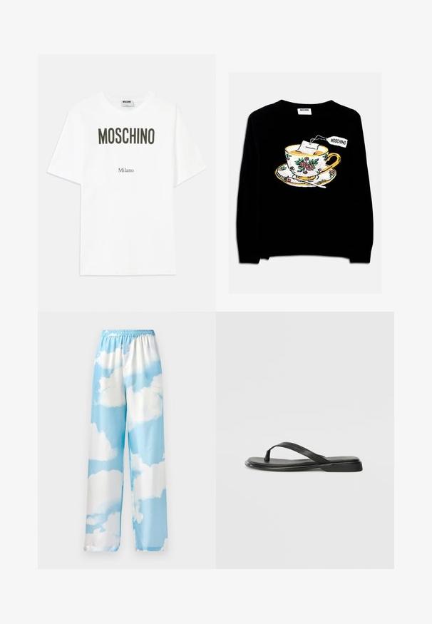 Crna majica s vezom šalice s čajem i cvjetnim ukrasom. Dizajn uključuje tanjurić ispod šalice.; Bijela pamučna majica s podebljanim crnim natpisom: "MOSCHINO" na vrhu i "Milano" ispod, ležernog kroja s klasičnim kratkim rukavima.; Hlače u sky plavoj boji s uzorkom oblaka, izrađene od glatkog materijala, s elastičnom gumicom u struku i širokim nogavicama. Nema vidljivih džepova ili metalnih dijelova.; Crne japanke od glatke kože, s tankim remenčićem i ravnim potplatom minimalističkog profila. Bez značajnih uzoraka ili akcenata.