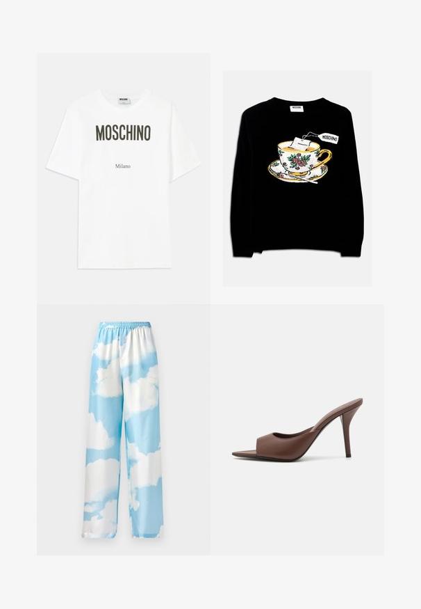 Pulover negru cu un ceștiță brodată, având un plic de ceai și o decorare florală. Designul include o farfurioară sub ceașcă.; Tricou alb din bumbac cu text negru îndrăzneț: "MOSCHINO" sus și "Milano" dedesubt, croială lejeră cu mâneci scurte standard.; Pantaloni de culoare albastru cer, cu un model de nori, confecționați dintr-un material neted, cu un tiv elastic și picioare largi. Fără buzunare vizibile sau accesorii metalice.; Mule-uri din piele maro, cu vârf deschis și toc înalt, cu un design elegant, având o curea frontală lată și un toc subțire de tip stiletto.