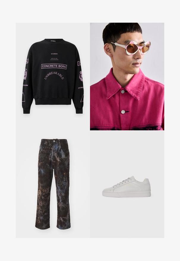 Black sweatshirt with pink text including "CONCRETE BORN," "UNBREAKABLE," and sleeve graphics of faces and symbols.; Black corduroy pants featuring tie-dye pattern in dark blue and brown tones. Straight-leg design with front pockets and a metal button closure.; Light gray leather sneaker with a smooth texture, rounded toe, flat rubber sole, and tonal laces. Features minimal branding in gold.; White and pink oversized sunglasses with a curved frame, featuring brown tinted lenses. Model wears a pink denim jacket with a collar.