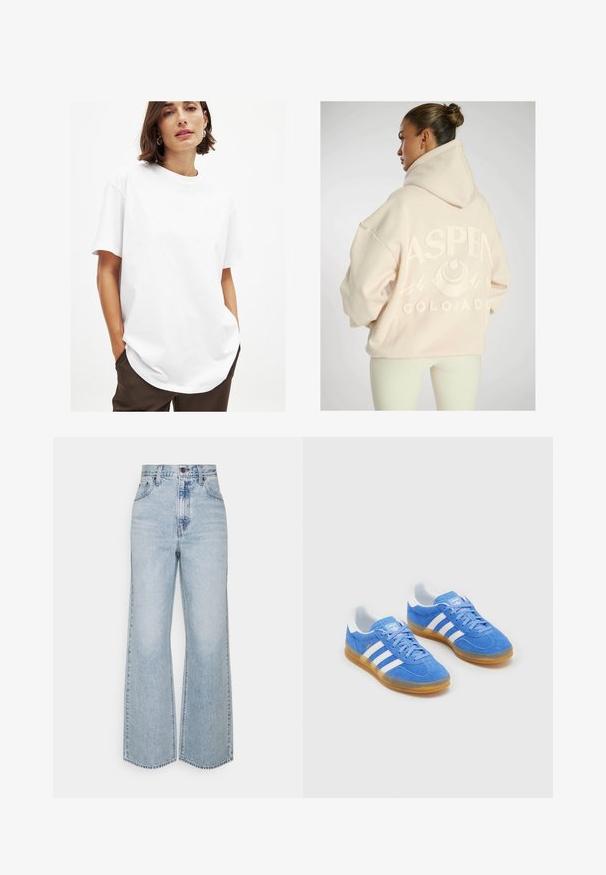 Overdimensioneret lys beige hættetrøje med en tekstureret "ASPEN COLORADO" grafik, der har bjergelementer og en snor til hætten.; Hvid bomulds T-shirt med rund hals, korte ærmer og en afslappet pasform. Har en glat tekstur og rund nederkant.; Lysblå denim brede ben jeans med høj talje, klassisk fem-lomme design og kontrasterende syninger. Uslebne kanter i bunden.; Blå ruskinds sportsko med hvide stribede detaljer, gummisål og polstret krave for komfort. Har klassisk snørebåndsdesign.