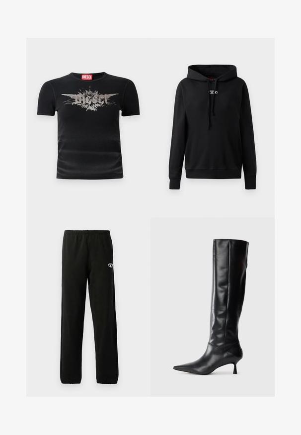 Juodas gobtuvėlis, pagamintas iš minkštos medžiagos. Yra priekinė kengūros kišenė, reguliuojamas raištelis ant gobtuvo ir sidabrinė logo ant krūtinės.; Juodas trumpomis rankovėmis marškinėliai, su raižyta medžiaga. Priekyje yra sidabro spalvos grafika su tekstu "Diesel" ir sprogimo efektu. Apvalus iškirpimas.; Juodos sportinės kelnės su elastinga juosmens juosta ir rankogaliais. Ant šlaunies yra mažas logotipas. Pagamintos iš švelnios, lygaus audinio.; Juodai odiniai iki kelių batai su smailiu pirštu ir plonu lenktu kulnu. Lygus paviršius, prigludęs dizainas ir be matomų detalijų ar raštų.